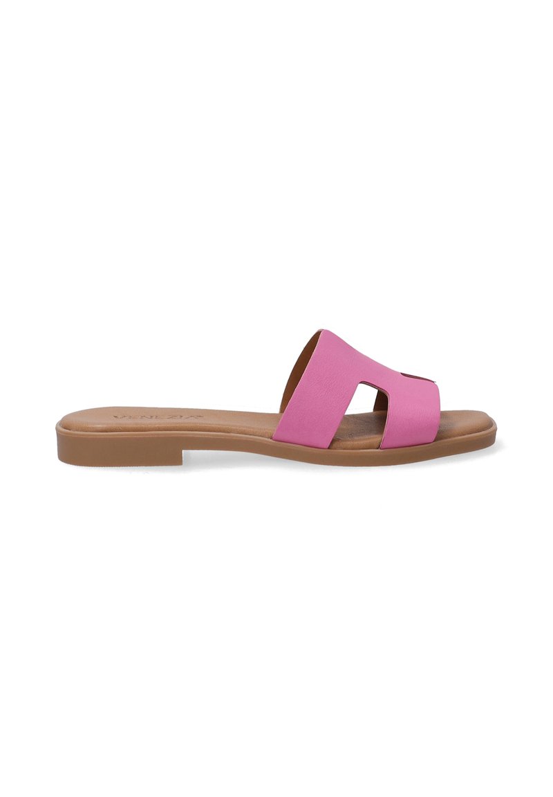 Lyserød slidesandal med udskæringsdesign, flad brun sål, syntetisk overdel og en glat tekstur. Casual og let at have på.