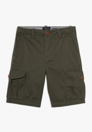 Pantalones cortos cargo verde oliva hechos de mezcla de algodón, con dos bolsillos laterales, un bolsillo cargo con cierre de botón y detalles cosidos.