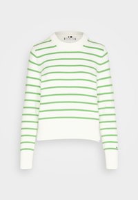 Weißer Pullover mit grünen horizontalen Streifen, gerippten Bündchen und Saum, Rundhalsausschnitt-Design, aus weichem Strickstoff.
