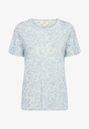 Svetlo modra majica s kratkimi rokavi z cvetličnim vzorcem. Narejena iz mehkega materiala, ima okroglo ovratnik in sproščen kroj.