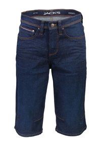Pantalones cortos de mezclilla en azul oscuro con un corte regular. Las características incluyen costuras naranjas contrastantes, cinco bolsillos y cierre de cremallera.