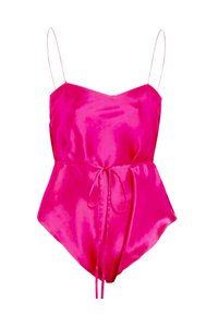 Pink satin swimsuit with a sweetheart neckline, thin straps, and a tied waist detail. Smooth texture and fitted design.