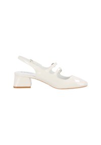 Scarpa slingback in pelle bianca lucida con punta quadrata e tacco largo e basso. Presenta due cinturini regolabili sul ponte.