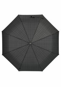 Parapluie à carreaux noirs avec une forme octogonale symétrique, fabriqué en tissu durable et doté d'un bouton central en métal ainsi que d'une sangle de poignée.