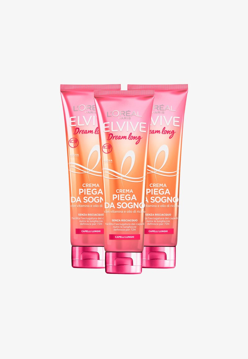 Tre tubetti di crema L'Oréal Elvive Dream Long, caratterizzati da un gradiente da rosa a arancione, con testo bianco e un logo circolare sulla parte anteriore.