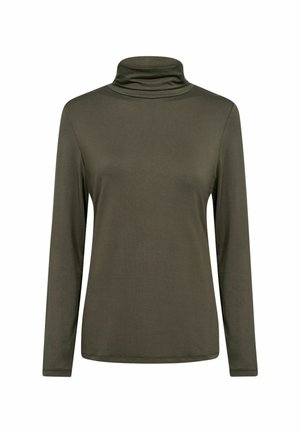 Hosszú ujjú garbó felső olajzöld színben, sima anyagból készült, testhezálló fazonnal és puha, redőzött gallérral, minimális varrásokkal.