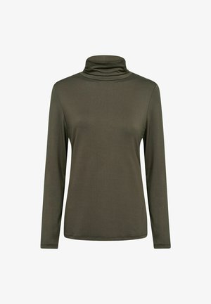 Hosszú ujjú garbó felső olajzöld színben, sima anyagból készült, testhezálló fazonnal és puha, redőzött gallérral, minimális varrásokkal.