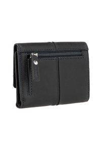 Portafoglio in pelle nera con tasca con zip, cuciture blu a contrasto e design pieghevole. Compatto e dalla texture liscia.
