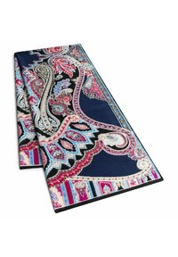 Nachtblauer Stoff mit Paisleymuster und lebendigen Akzenten in Pink, Türkis und Weiß. Verfügt über eine glatte Textur und einen eingefassten Rand.