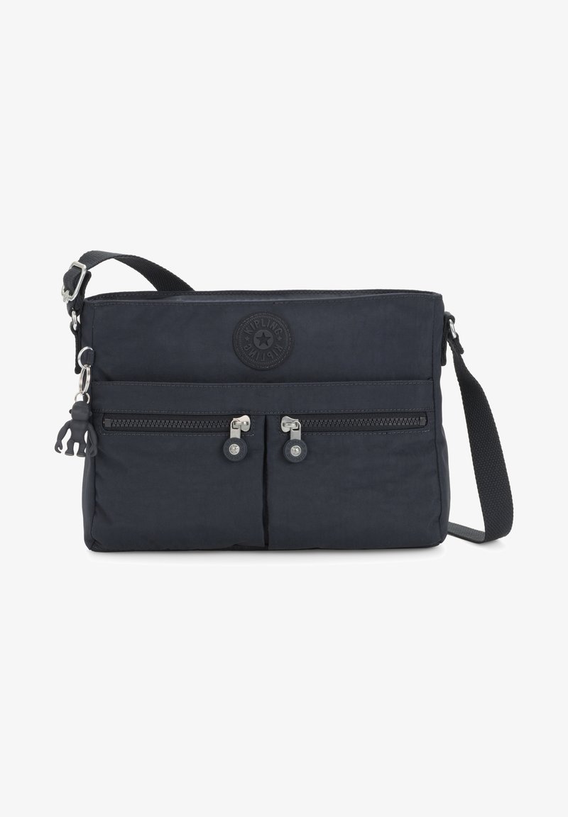 Borsa a spalla Navy con esterno in tessuto, due tasche anteriori con zip, logo circolare e tracolla regolabile. Include un portachiavi a forma di scimmia.