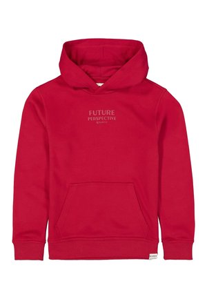 Red children's hoodie with front pocket and "FUTURE PERSPECTIVE" text printed on chest, ribbed cuffs, and hood.