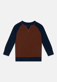 Brun och marinblå långärmad sweatshirt med raglanärmar, mjuk textur och stretchiga muddar. V-formad sömdetalj vid halsen.