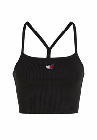Top corto a coste nero con sottili spalline doppie. Presenta un piccolo logo colorato "TOMMY JEANS" sulla parte frontale. Fit comodo.