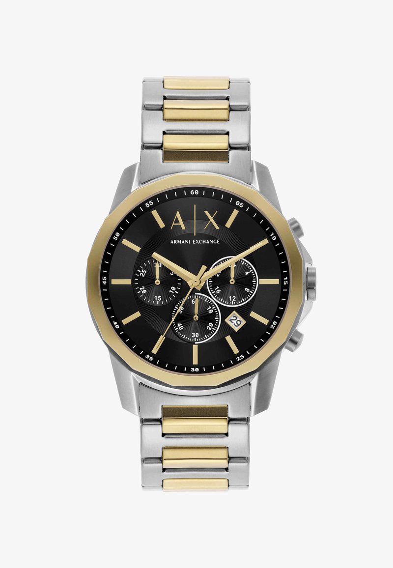 Męski zegarek na rękę Armani Exchange z czarną tarczą, złotymi indeksami, trzema subtarczami, wyświetlaczem daty oraz dwukolorową srebrno-złotą metalową bransoletą.
