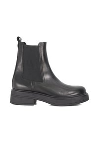 Zwarte leren Chelsea boot met elastische zijpanelen, ronde neus, robuuste rubberen zool en een handige trekklep aan de achterkant voor gemakkelijk aan- en uittrekken.