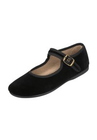 Zapato Mary Jane de ante negro con suela plana, doble correa ajustable y detalle de hebilla en tono dorado. Presenta una puntera redonda y un interior suave.