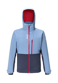 Blue and navy jacket with a red inner hood, featuring a front zipper, side pockets, and logo detail on the chest. Waterproof material.