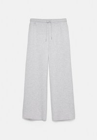 Pantalon de survêtement gris clair à jambes larges avec taille élastique et cordon, fabriqué en tissu doux et texturé.
