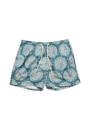 Pantaloncini da bagno blu con motivo floreale e circolare in rosa, verde e bianco, con chiusura frontale con coulisse.