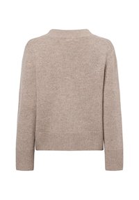 Beige gestrickter Pullover mit Rundhalsausschnitt, geripptem Saum und langen Ärmeln. Glatte Textur mit einem leicht lockeren Schnitt. Einfaches Design, keine Muster.