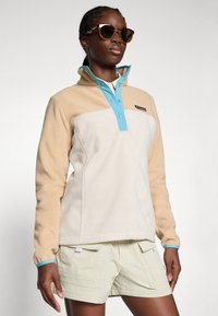 Vrouw in een beige en crèmekleurige Columbia fleece met turkoois kleurige drukknoopjes en beige cargoshorts, poserend tegen een effen lichte achtergrond.