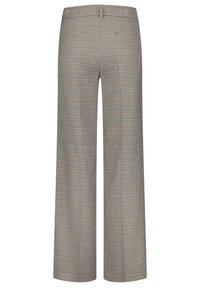 Pantalons larges en motif pied-de-poule. Fabriqués dans un tissu texturé, avec des poches arrières et une palette de couleurs neutres de noir et beige.