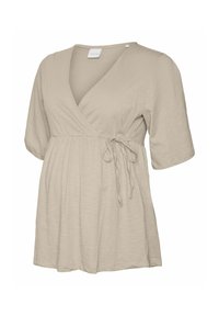 Bežs apvalkotā blūze ar īsām piedurknēm, ar v-veida kaklu un sasienamu detaļu viduklī, izgatavota no mīksta, viegla auduma ar gludu tekstūru.