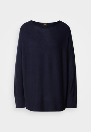 Pulover bleumarin dintr-un material moale, cu decolteu rotund, mâneci lungi și o croială lejeră. Fără modele sau detalii metalice vizibile.