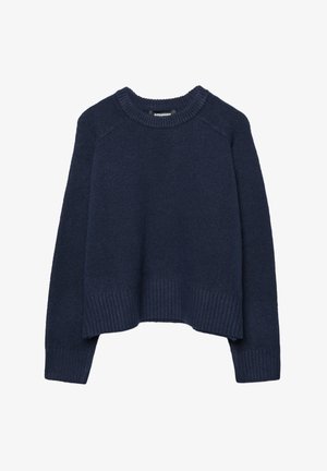 Pull en tricot bleu marine avec un col rond, un ourlet côtelé et des manches raglan. Confectionné dans une texture douce pour le confort et la chaleur.