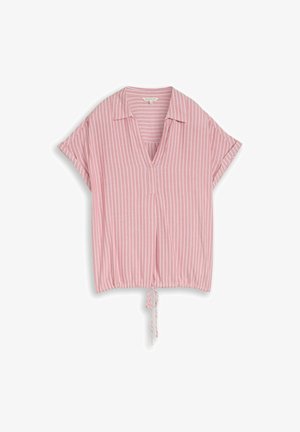 Różowa bluzka z krótkim rękawem w białe pionowe paski, z kołnierzykiem, dekoltem w serek oraz regulowanym ściągaczem na dole.