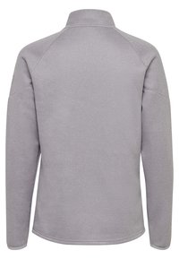 Graue Fleecejacke mit hohem Kragen, langen Ärmeln und einer glatten Textur. Verfügt über einen Raglanärmel-Design ohne sichtbare Verschlüsse.