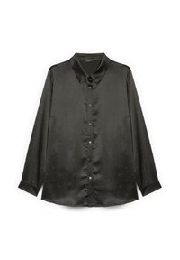 Blusa de satén negra con cuello de pico, mangas largas y sutiles puntos decorativos. Cuenta con un cierre frontal de botones y aberturas laterales.