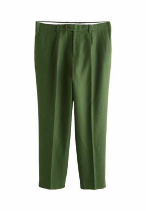 Grüne maßgeschneiderte Hose mit Knopfverschluss, Gürtelschlaufen, Seitentaschen und schlanker Passform.