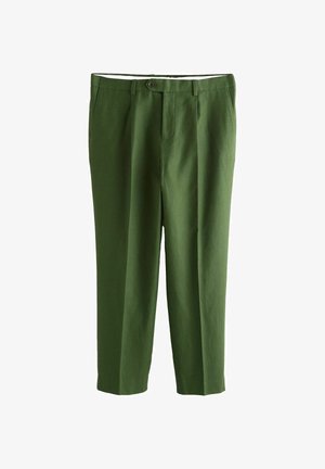 Pantaloni verzi, croiți, cu închidere cu nasture, bretele pentru curea, buzunare laterale și design slim-fit.