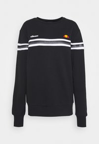 Sweat-shirt noir à manches longues, col rond, avec des rayures horizontales blanches et un petit logo coloré sur la poitrine.