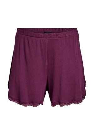 Purple ribbed shorts with a textured finish, featuring a scalloped lace trim at the hem and an elastic waistband for comfort.