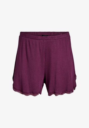 Fialové rebrované šortky s textúrovaným povrchom, ktoré majú na lemovaní volánkovú čipku a elastický pás pre pohodlie.