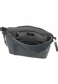 Dunkelblaues Lederhandtasche mit strukturierter Oberfläche, Reißverschluss und geräumigem grauem Innenraum mit Reißverschluss- und Einschubfächern.
