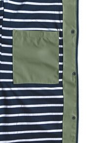 Striped fabric in navy and white with a solid olive green pocket. Features a zipper and snap button closure along one edge.