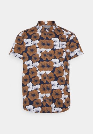 Kortærmet knappeskjorte med navyblå baggrund og stort brunt og hvidt blomsterprint.