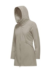 Beige waterdichte jas met een capuchon, voorzien van een rits aan de voorkant, schuine ritszakken en een gladde, textuurachtige stof.