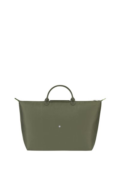 Green nylon tote bag with a zip closure, dual top handles, and a front pocket. Features a logo detail on the front. Smooth texture.