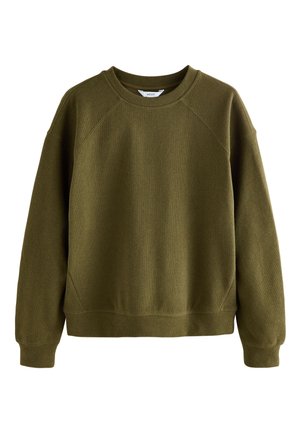 Olivgrünes Sweatshirt mit Rundhalsausschnitt, langen Raglanärmeln sowie gerippten Bündchen und Saum, dargestellt vor schlichten weißem Hintergrund.