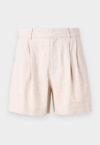 Shorts en lin beige à coupe décontractée, avec des plis à l'avant, des poches latérales et une texture lisse. Design uni, sans motifs.