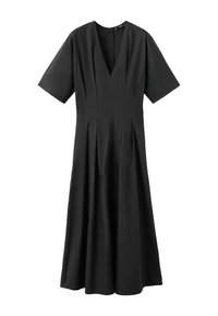 Robe midi noire avec manches courtes, col en V, taille cintrée, jupe plissée et fermeture éclair à l'arrière.