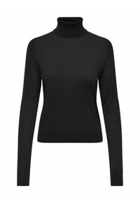Schwarzer Rollkragenpullover in einer körperbetonten Passform, gefertigt aus weicher, glatter Stoff mit langen Ärmeln und gerippten Akzenten am Kragen und Saum.