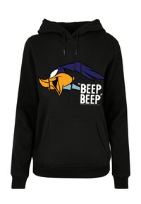 Sudadera negra con un gráfico de la cara de un pájaro de dibujos animados, pico naranja y acentos azules con el texto "BEEP BEEP" en blanco.