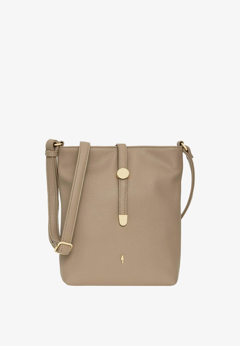 Beżowa skórzana torba na ramię z teksturowaną powierzchnią, złotymi akcentami, regulowanym paskiem i centralnym zapięciem.