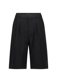 Black tailored shorts featuring a loose fit, pleated design, and a waistband with belt loops. Made of smooth fabric for comfort.