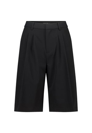 Black tailored shorts featuring a loose fit, pleated design, and a waistband with belt loops. Made of smooth fabric for comfort.